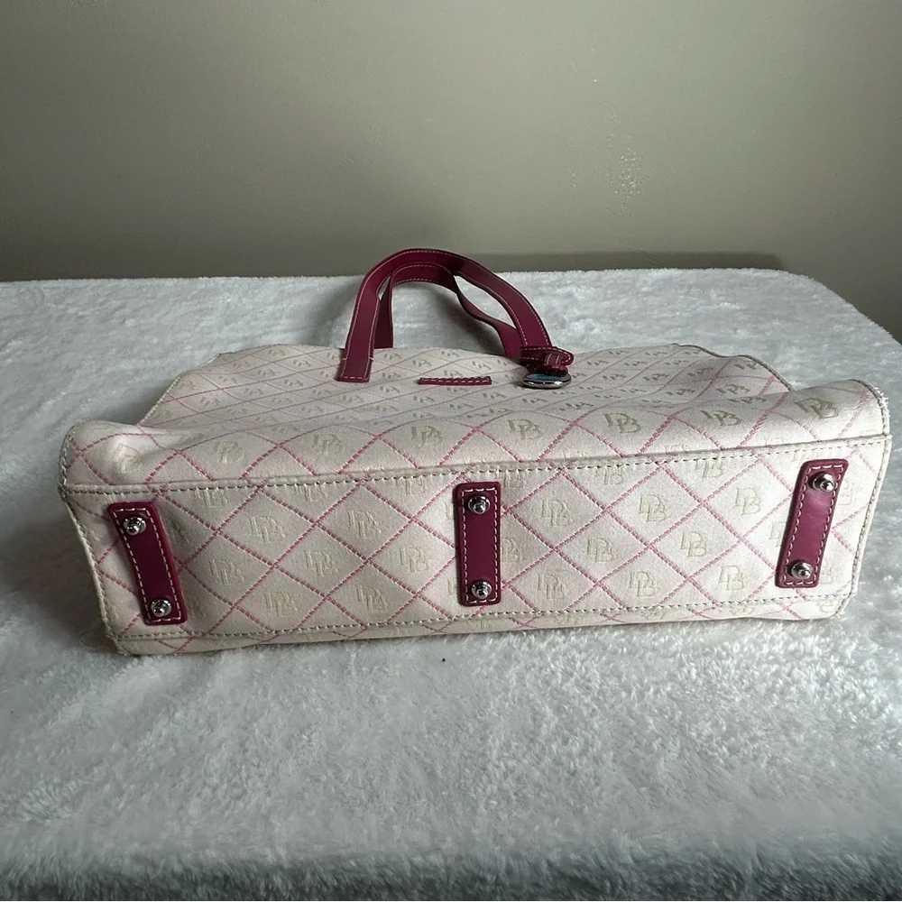 Dooney & Bourke Cream and Pink DB Monogram Tote Pink Leather Trim